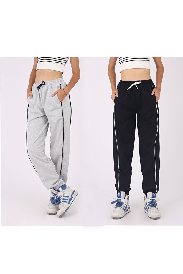 2 Pieces of Girls' Sweatpants with Elastic Legs and Piping, Comfortable Cut, Drawstring and Elastic Waistband