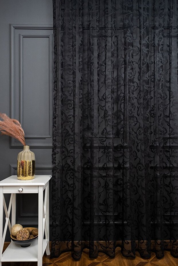 Classic Shawl Pattern Black Color Pattern Design 1e3 Layer Pleated Tulle Curtain