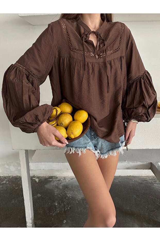 Embroidered Blouse with Lace-Up Collar