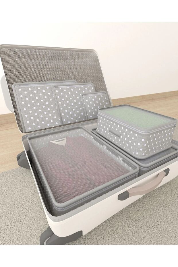 Set of 6 Gray Spotted Pattern 6 Piece Suitcase Organizer Set - 1