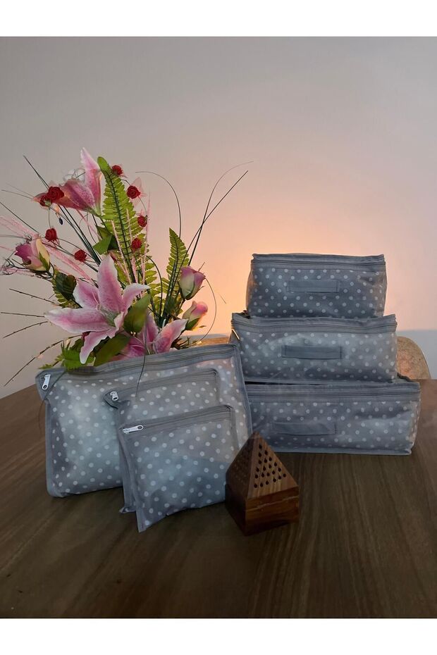 Set of 6 Gray Spotted Pattern 6 Piece Suitcase Organizer Set - 3