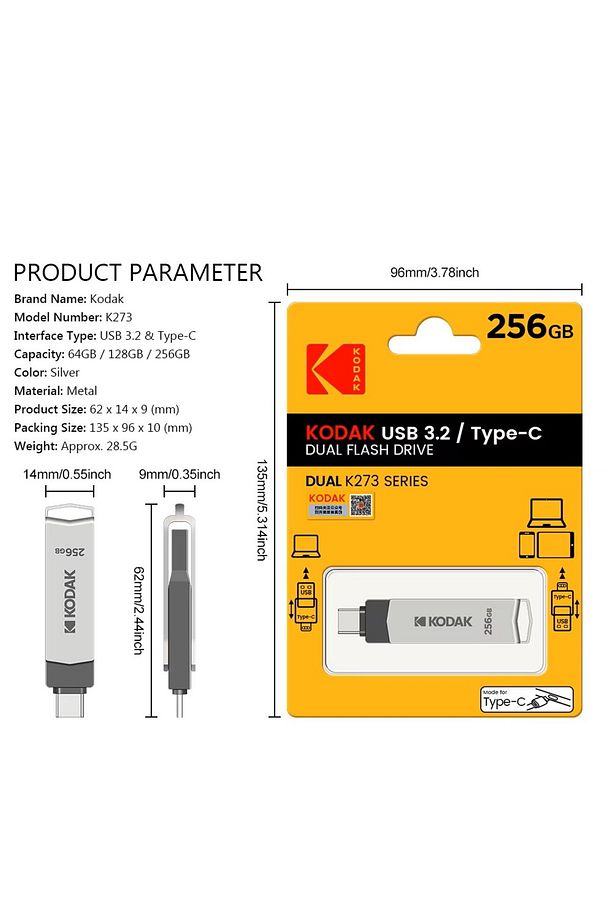 Kodak K273 256 Gb Type C ve Usb 3.2 Flash Bellek Otg Çift Giriş Premium - 7
