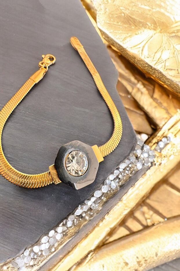 Gold Black Stone Steel Bracelet Gold