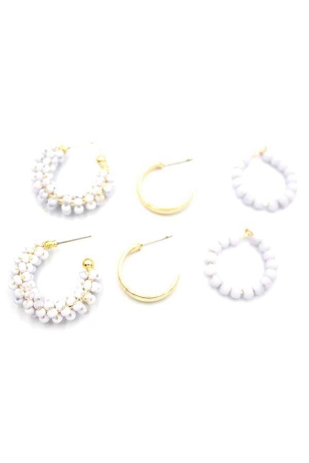 Beaded Earring Set - White - 1