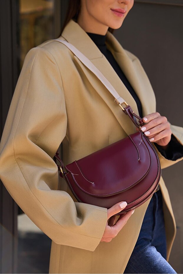 Claret Red Women's Contrast Stitched Cross Strap Hand and Shoulder Bag