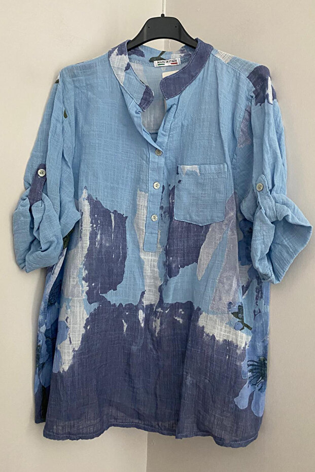 Women's Italian Indigo Blue Patterned Button Detailed Folding Orphan Sleeves 100% Cotton Blouse