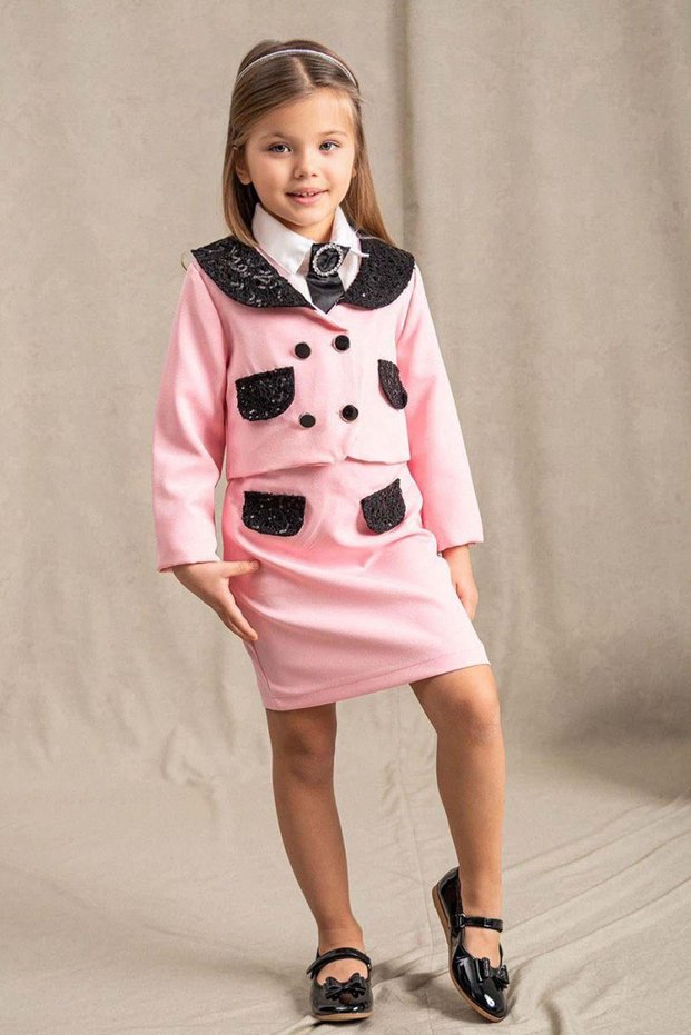 Girl's New Guipure Embroidered Pocket Detail and Brooch Pink Skirt Suit