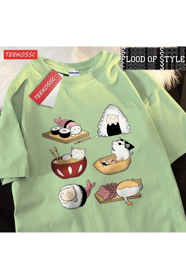 Sevimli komik suşi kedi baskı Mens tişörtleri Hip Hop boy T-Shirt moda yaz rahat gevşek çift - 1