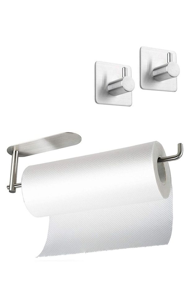 Paslanmaz Çelik Yapışkanlı Kağıt Havluluk - 2 Adet Banyo Askısı SET - Anında Kolay Montaj Vida Yok! - 1