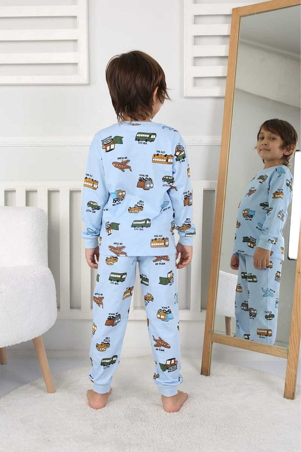 Taşıtlar Baskılı %100 Pamuk Uzun Kollu Erkek Mavi Pijama Takımı (3,4,5,6,7,8 Yaş) - 4