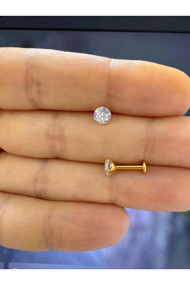 1 ADET G23 TİTANİUM ZİRKON TEK TAŞ  TRAGUS HELİX FLAT LOBE UYUMLU LABRET PİERCİNG - 3
