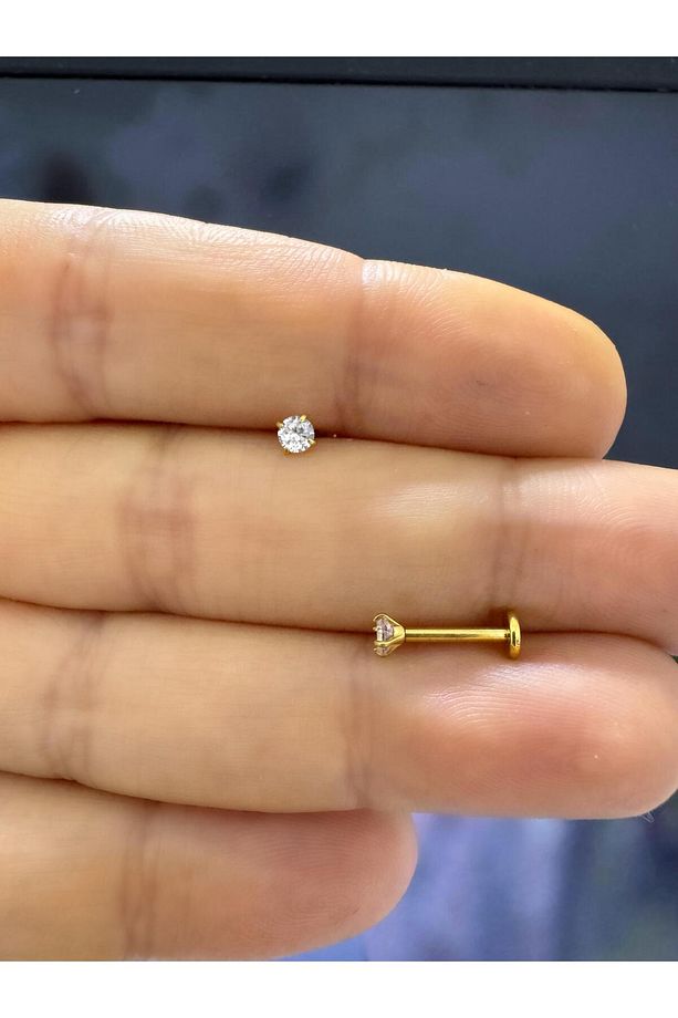 1 ADET G23 TİTANİUM ZİRKON TEK TAŞ  TRAGUS HELİX FLAT LOBE UYUMLU LABRET PİERCİNG - 5