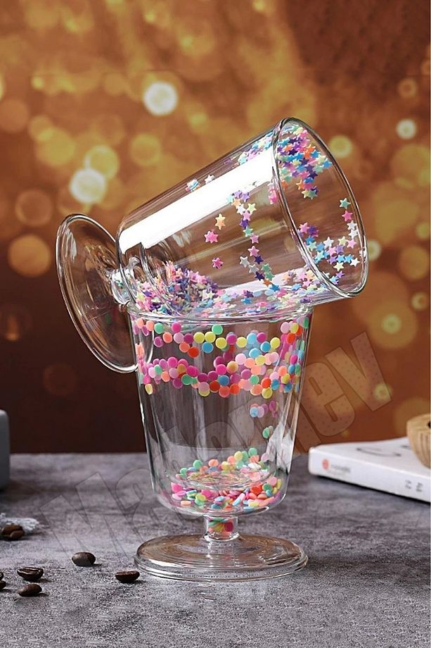 4'lü Çift Cidarlı Yıldızlı Ayaklı Retro Bardak Magnolya Sunum Kasesi ve Pipetli Kahve Bardağı 350ml - 2