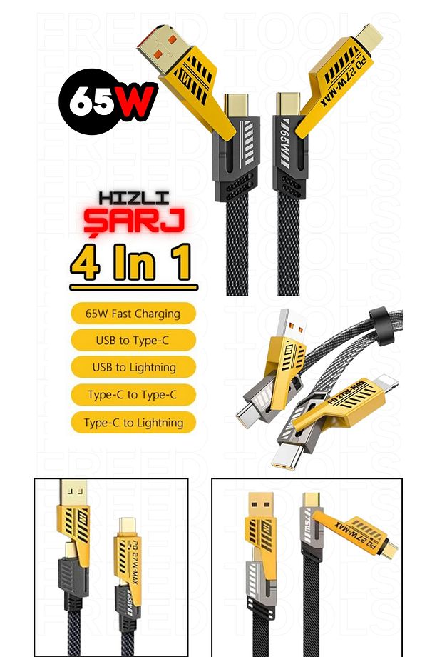 65w 4 In 1 Hızlı Şarj Naylon Örgülü Pd Hızlı Şarj Kablosu Iphone Android Uyumlu Kablo - 1