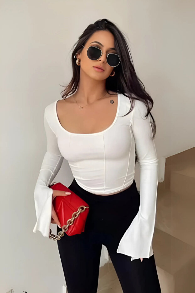 Kadın Beyaz Ispanyol Kol Basic Crop Top - 1