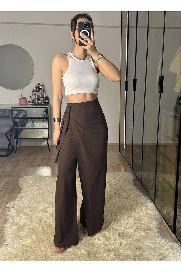 Keira Önü Kapaklı Acı Kahve Bambu Keten Ayarlanabilir Kuşaklı Yüksek Bel Pantolon - 1