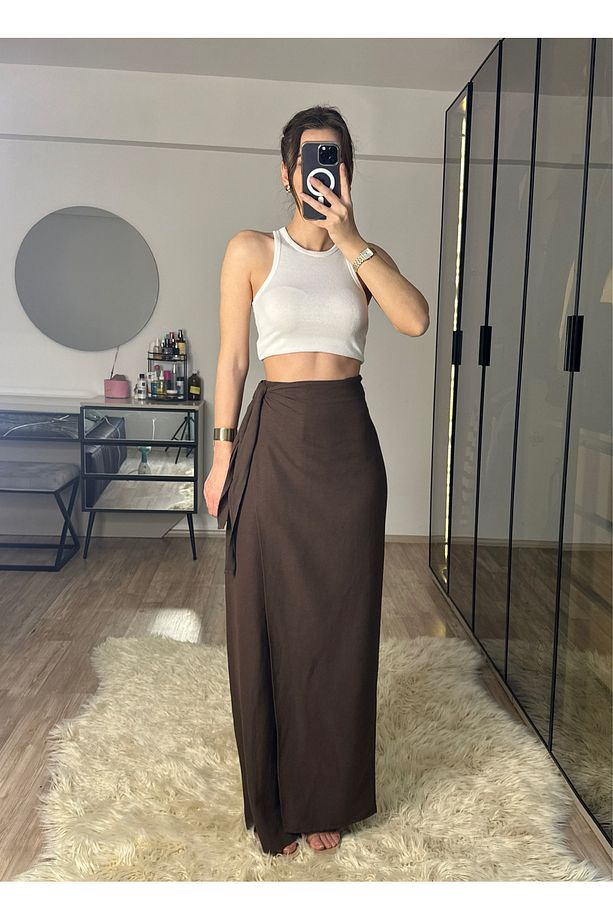 Keira Önü Kapaklı Acı Kahve Bambu Keten Ayarlanabilir Kuşaklı Yüksek Bel Pantolon - 2