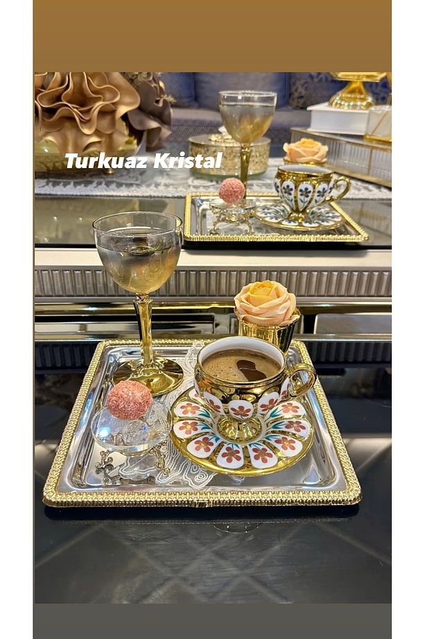 2 Adet Tek Kişilik Metal Döküm Gold Çay Kahve Sunum Tepsisi - 1