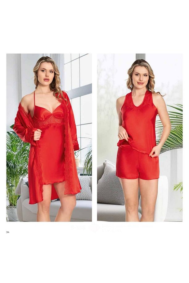 Kadın Kırmızı Saten Gecelik Sabahlık Pijama Takım Şort Takım 6'lı Set J.ER.3.R.O.Z5.5.E.L.T. - 1