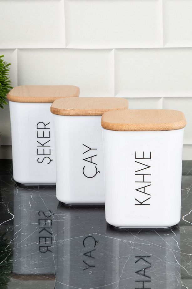 3'lü Ahşap Vakum Kapaklı Saklama Kabı Seti Çay Şeker Kahve Akrilik Kavanoz Set 900 ml - 4