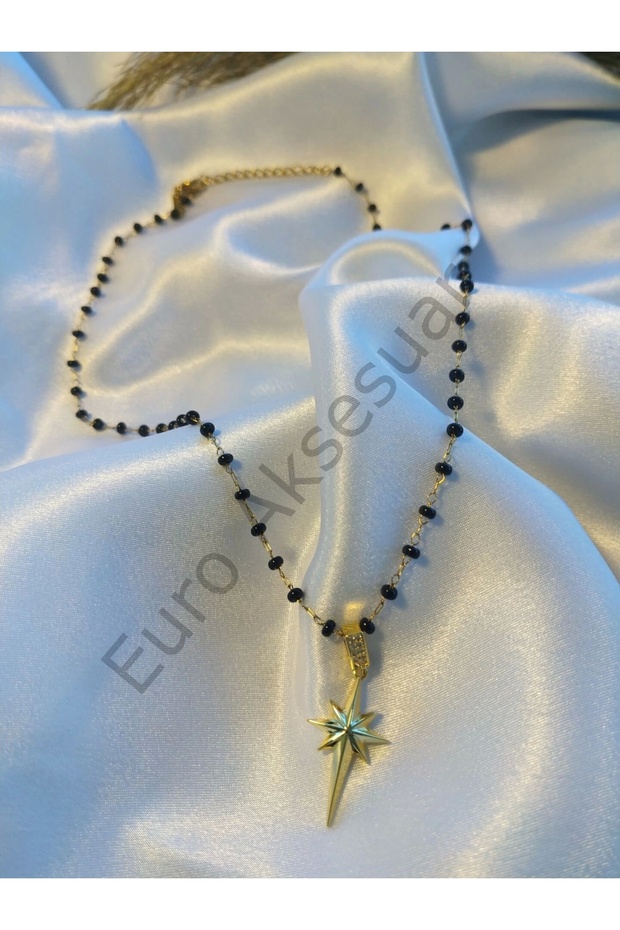 Black Beaded Polar Star Detailed Steel Necklace