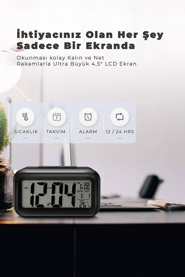 Dijital Işıklı Alarmlı Masa Saati Led Ekran Takvim Pilli Çalar Saat Siyah Renk - 2