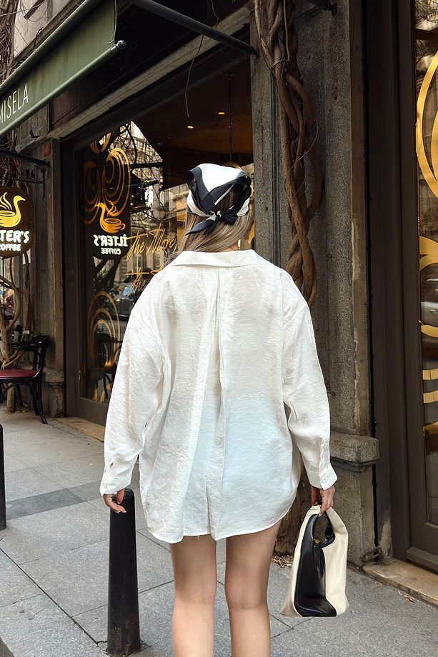 Beyaz Due Oversize Modal A Pile Tek Cepli Kadın Gömlek - 6
