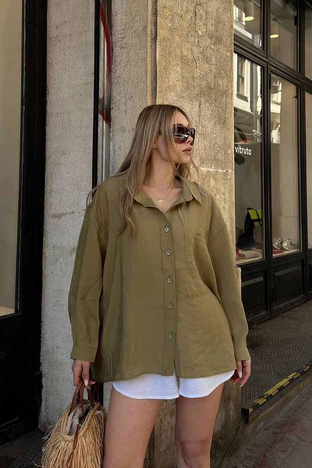 Haki Due Oversize Modal A Pile Tek Cepli Kadın Gömlek - 3