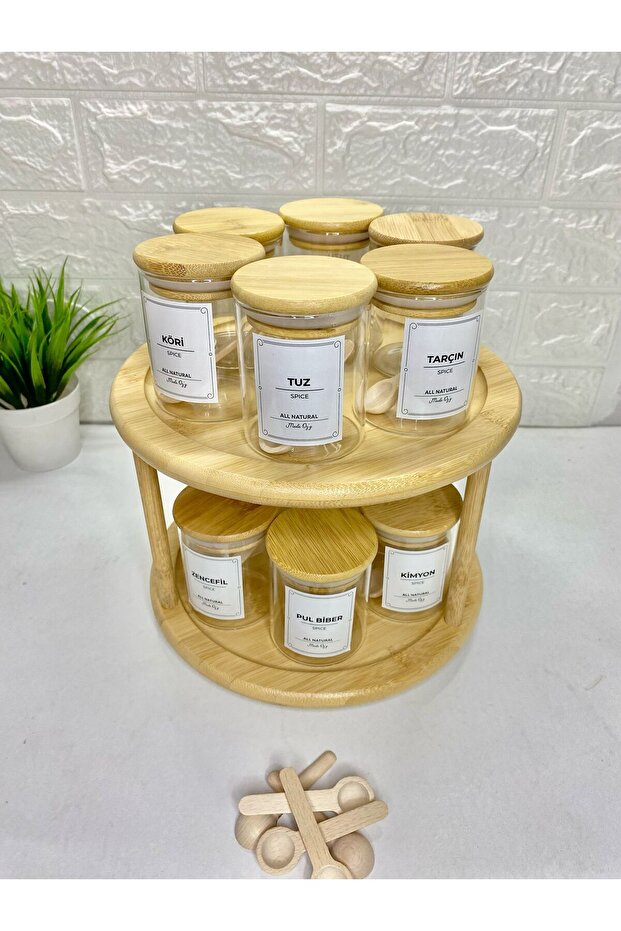 12-Piece Bamboo Lid Borosilicate Glass Spice Rack with Rotating Stand (Label Spoon Included) 200ml - 3