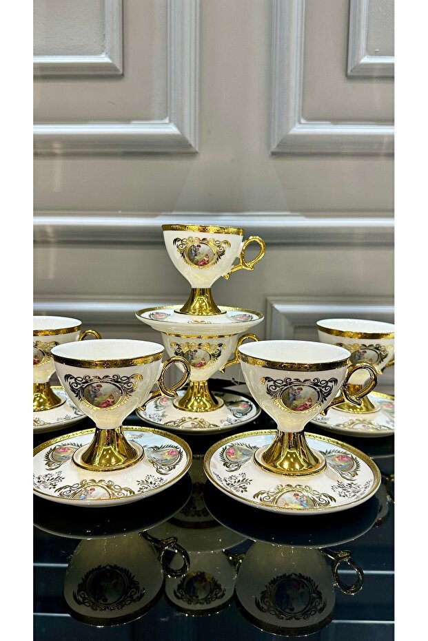 ACAR Porselen 6 Kişilik Ayaklı Gold Kahve Fincanı Takımı Rosanna ...