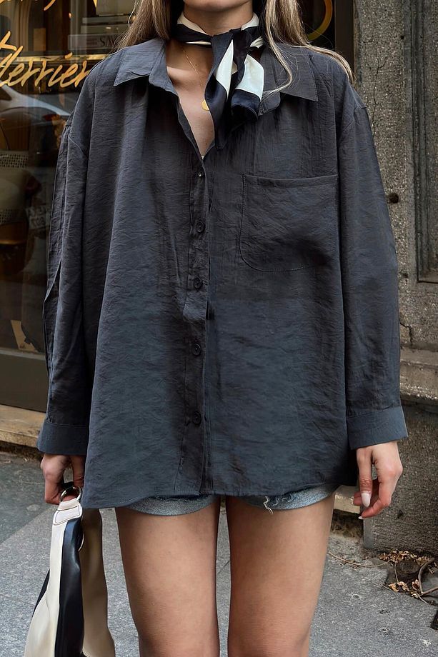 Füme Due Oversize Modal A Pile Tek Cepli Kadın Gömlek - 6