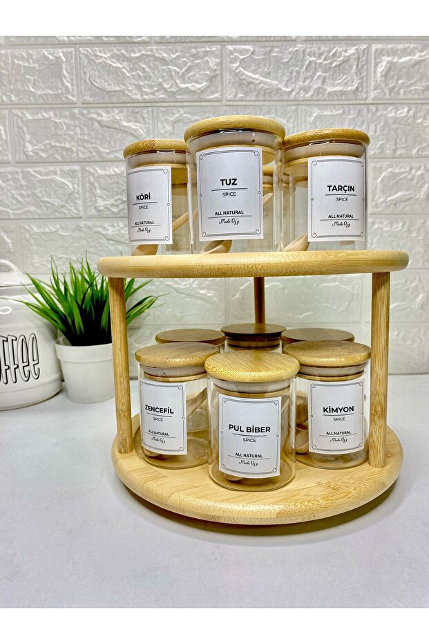 12-Piece Bamboo Lid Borosilicate Glass Spice Rack with Rotating Stand (Label Spoon Included) 200ml - 5