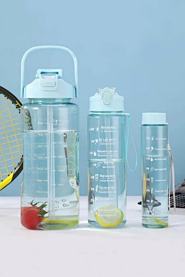 3-Piece Motivational Sports Water Bottle Set with Stickers and Straws, 2000+900+500ml