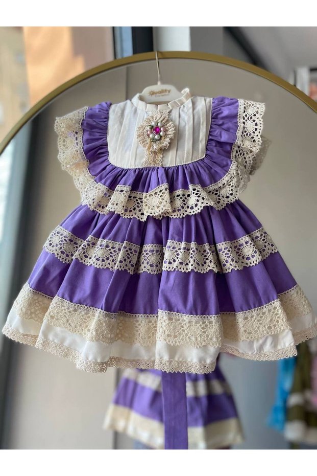Lilac Girl's Vintage Special Design Guipure Detailed Party Princess Evening Dress + Buckle