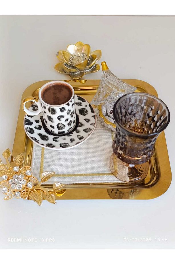 6 ADET Kahve & Çay & Sunum Tepsisi Gold 18/10 ÇELİK LÜX KRİSTALİZE TAŞLI Model - 1
