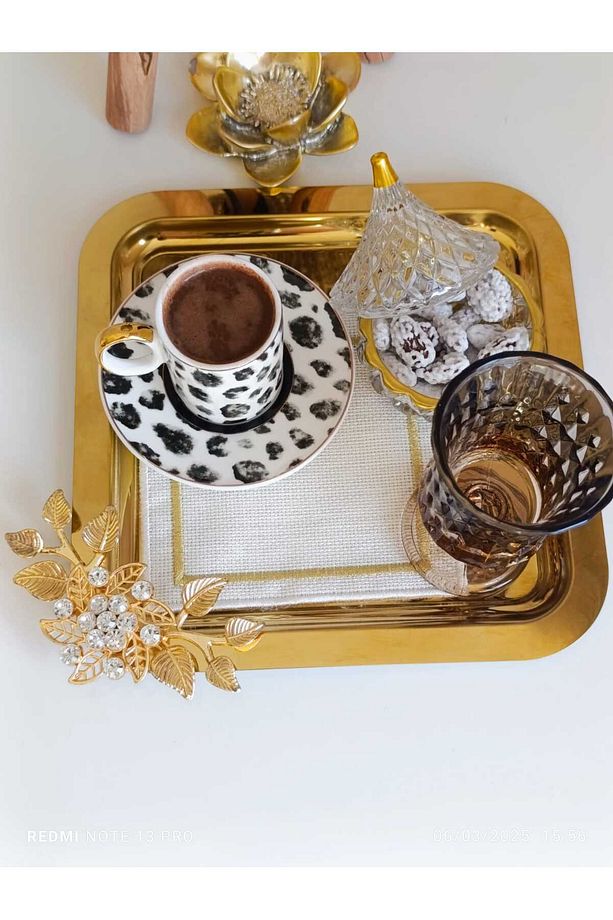 6 ADET Kahve & Çay & Sunum Tepsisi Gold 18/10 ÇELİK LÜX KRİSTALİZE TAŞLI Model - 6