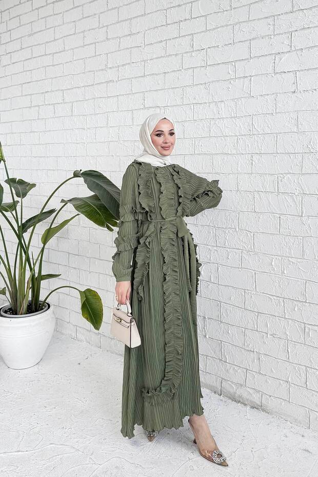 Haki Pleated Detail Dress 32-3027-1