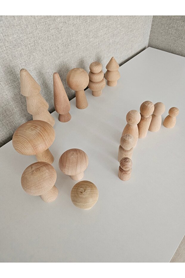 , Ham tam set ahşap oyuncak, Ham 6 lı ahşap aile peg bebek, 5 ağaç, 4 mantar - 4