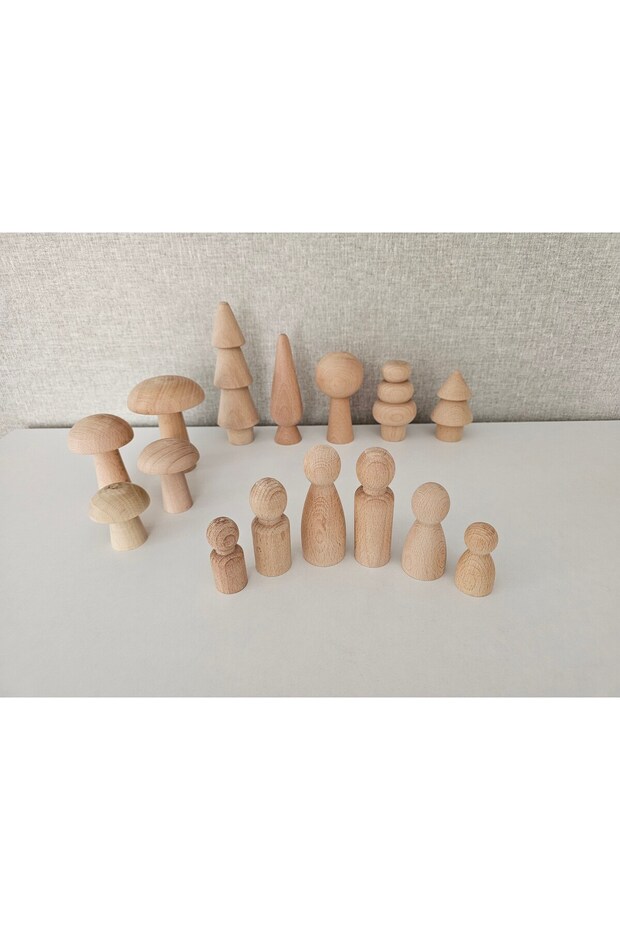 , Ham tam set ahşap oyuncak, Ham 6 lı ahşap aile peg bebek, 5 ağaç, 4 mantar - 1