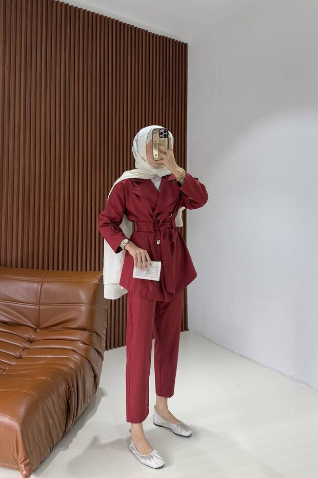 Claret Red Trench Trousers Set 32-2237