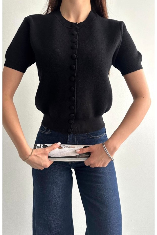Coated Buttoned Short Sleeve Knitwear Cardigan Black