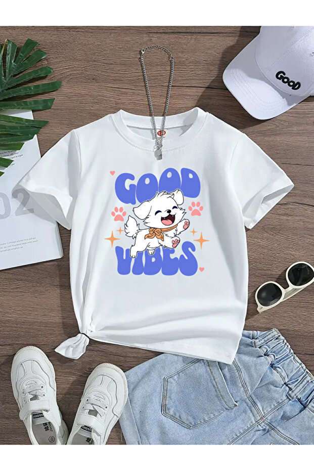 Good Vibes Printed Premium Tshirt with Crew Neck for Girls