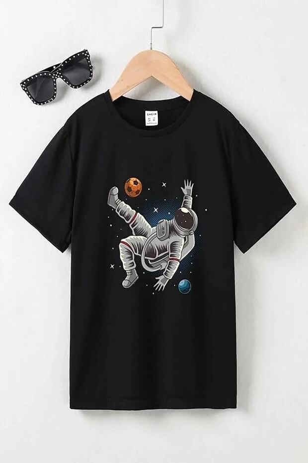 Space Printed Oversize Crew Neck Children's T-shirt