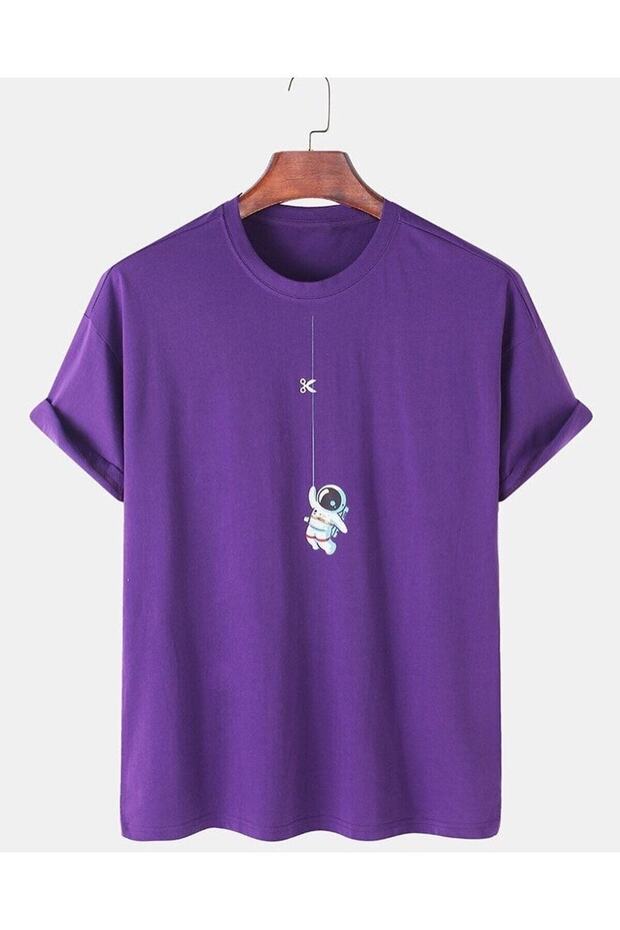 Purple Cotton Astronaut Detail Printed Oversize Cotton T-shirt