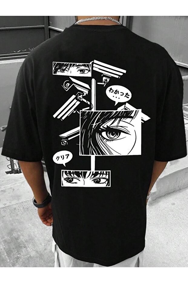 Plus Size Japanese Camera Eye Detail Printed Oversize Crew Neck Summer Cotton T-shirt