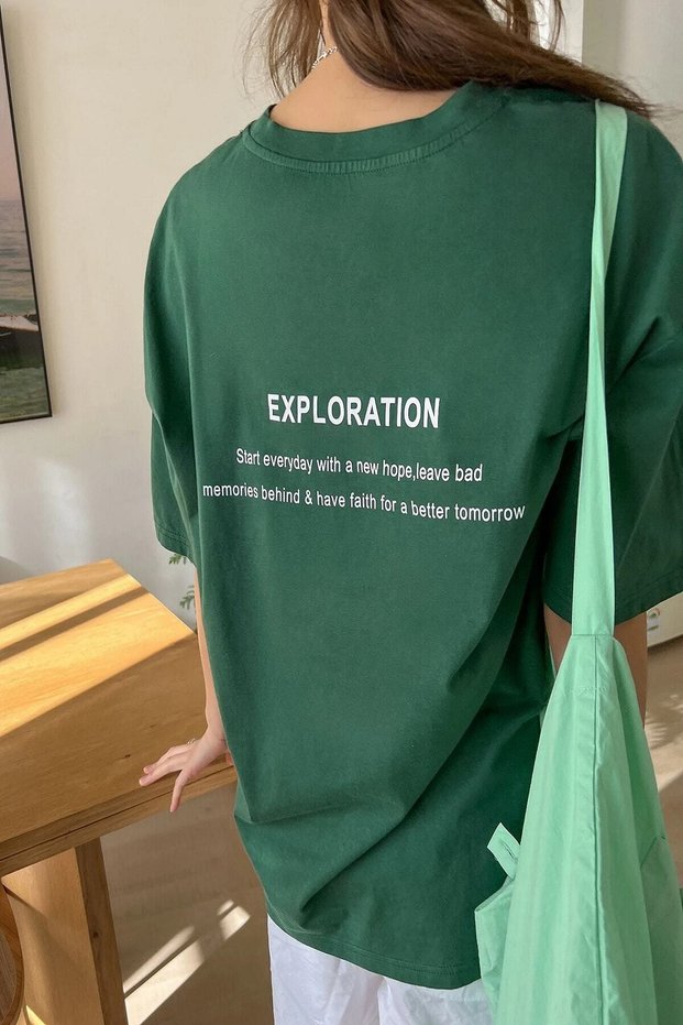 Bitter Green 'exploration' Text Printed Oversize T-shirt