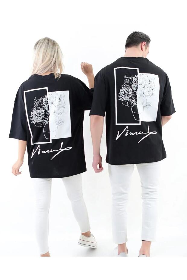 Plus Size Signature And Flower Printed Oversize Cotton Unisex T-shirt