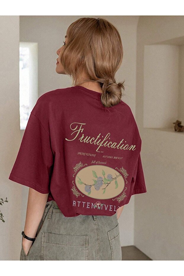 Plus Size Claret Red Fructification Printed Oversize T-shirt