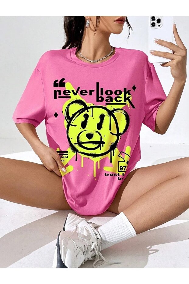 Plus Size Pink Never Look Back Printed Oversize Crew Neck T-shirt
