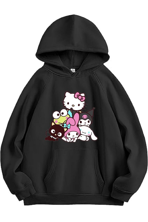 Women's Hooded Kangaroo Pocket Oversize Sweatshirt Hoodie Bestfriends Kuromi Hello Kitty